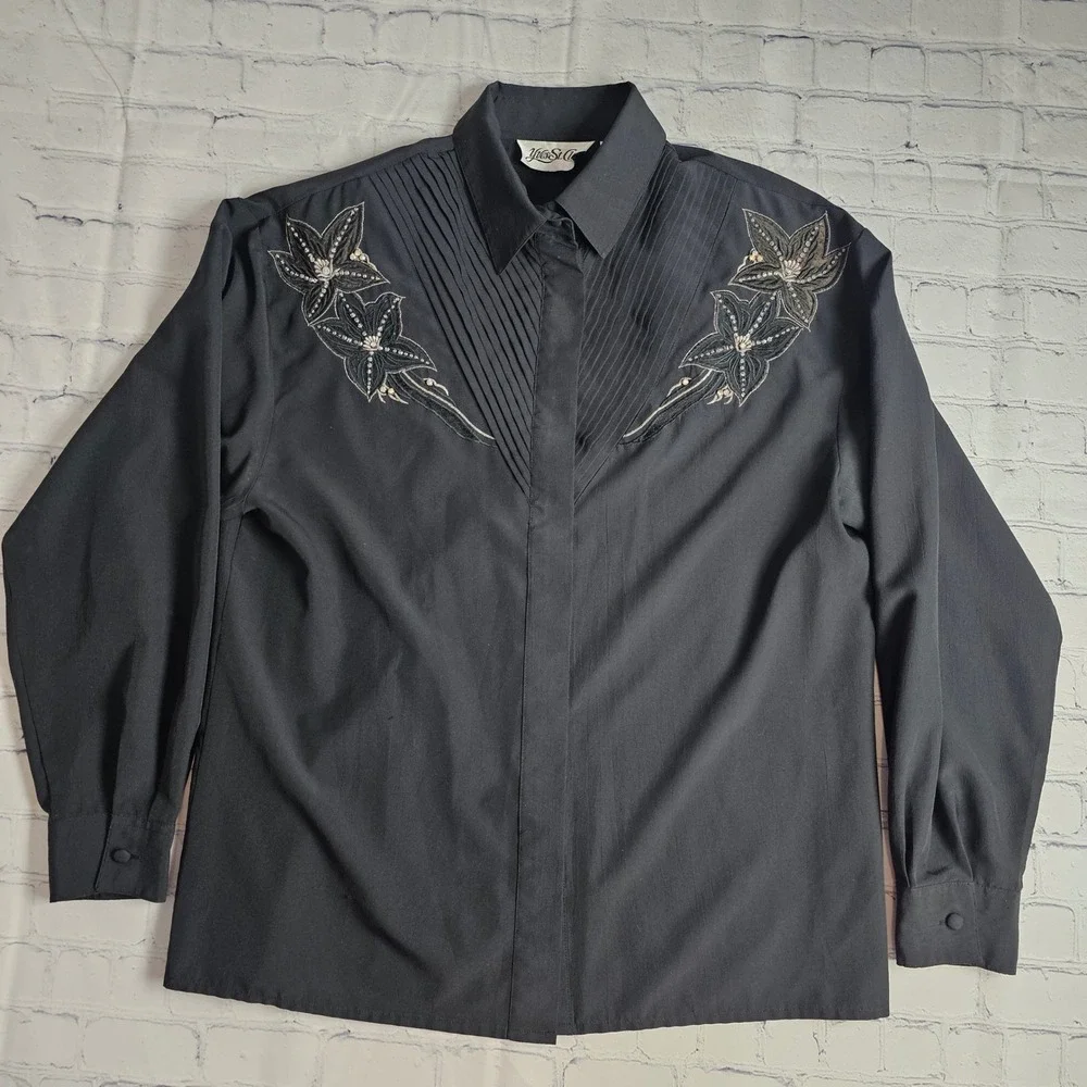 Yves St Clair‎ Black Embroidered Beaded Blouse Long Sleeve Vintage Size 12